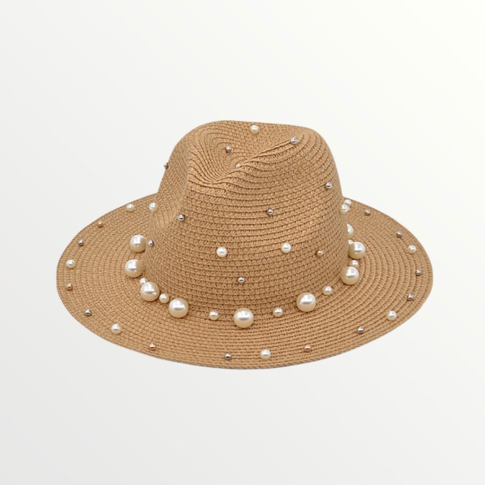 KHAKI BEADED STRAW FEDORA